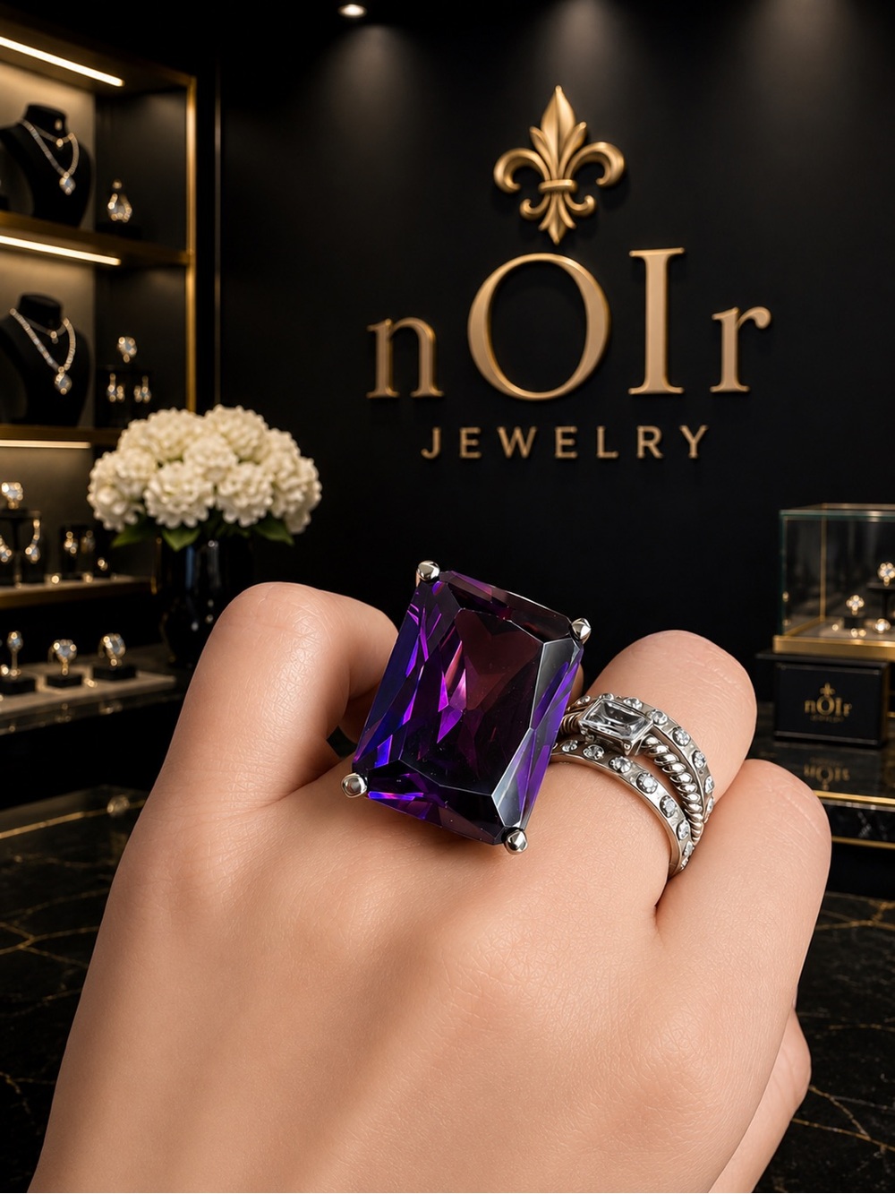 nOir Jewelry Silver Ring with Deep Purple Emerald-Cut Stone